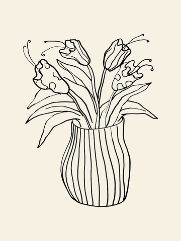 Line-Art-Zeichnung einer gestreiften Vase mit Blumen auf einem beigefarbenen Hintergrund.