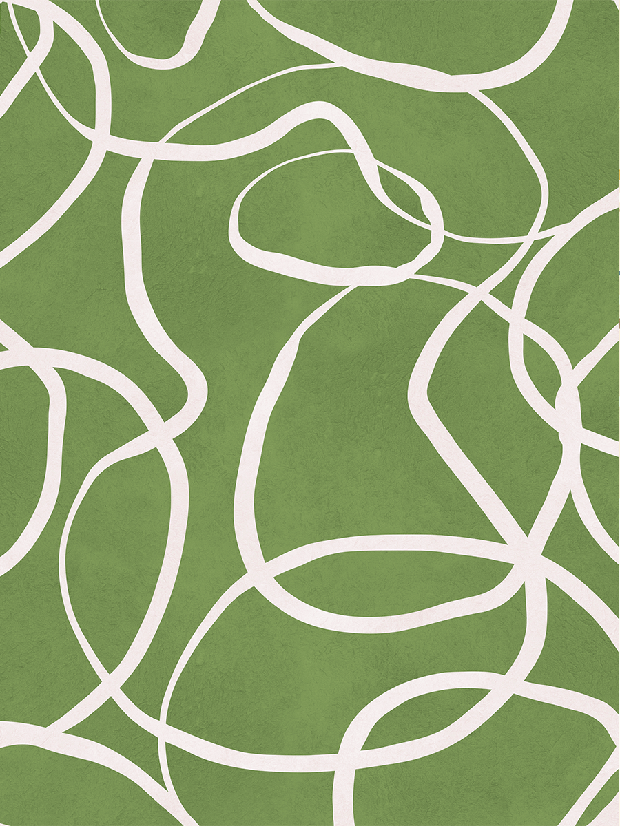 Abstrakte Kunst mit weißen, unregelmäßigen Linien auf grünem Hintergrund.
