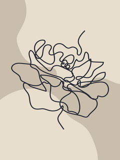 Grafische Illustration einer Blume in schwarzer Umrisszeichnung auf beigem Hintergrund mit Wellen.
