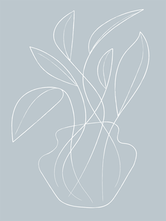 Minimalistisches Linienkunstposter einer Pflanze in einer Vase auf blauem Hintergrund.