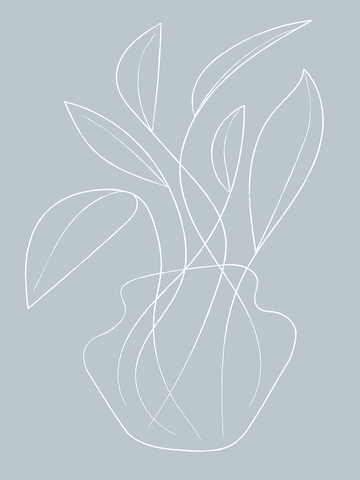 Minimalistisches Linienkunstposter einer Pflanze in einer Vase auf blauem Hintergrund.