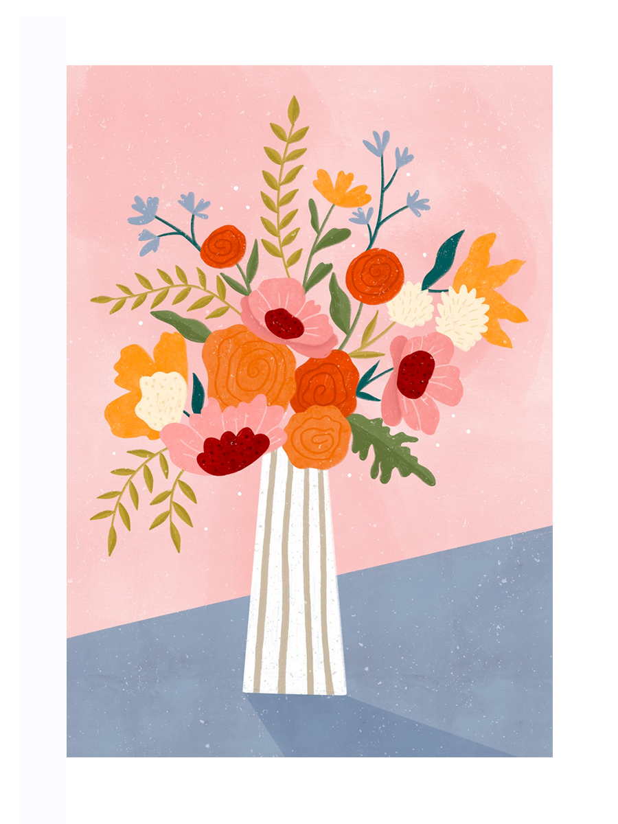 Illustration eines Blumenstraußes in einer gestreiften Vase vor einem rosa und blauen Hintergrund.