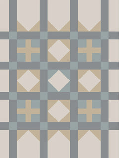 Grafische Illustration mit einem quadratischen Muster in Beige und Blau auf hellem Hintergrund.