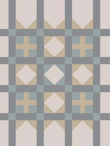 Grafische Illustration mit einem quadratischen Muster in Beige und Blau auf hellem Hintergrund.