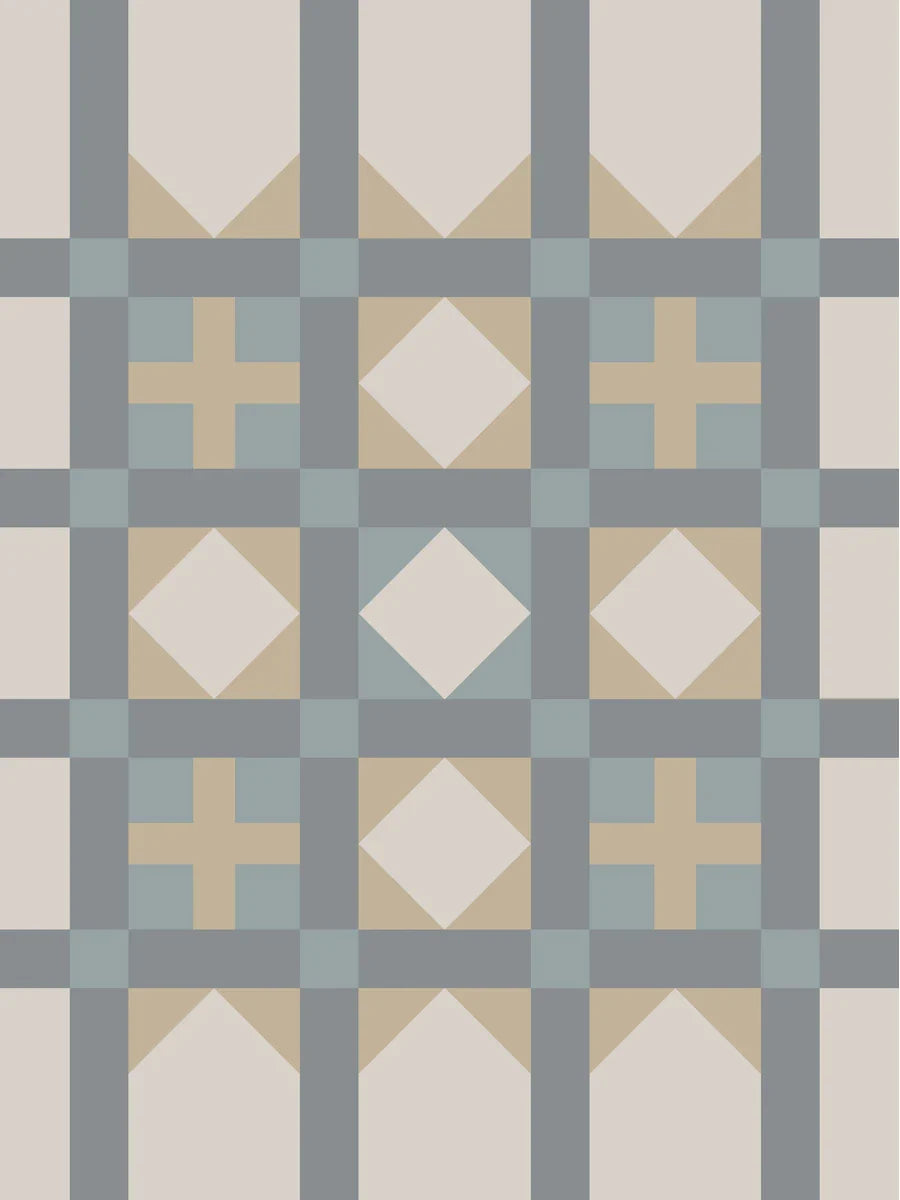 Grafische Illustration mit einem quadratischen Muster in Beige und Blau auf hellem Hintergrund.