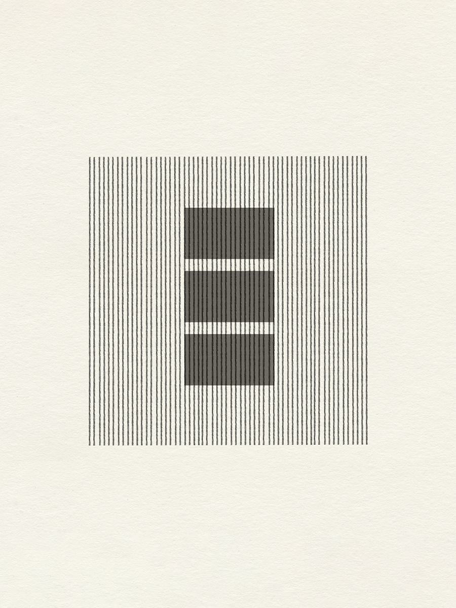 Grafische Illustration mit einem quadratischen Muster aus Linien und Blöcken in Schwarz auf beigem Hintergrund.