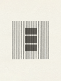 Grafische Illustration mit einem quadratischen Muster aus Linien und Blöcken in Schwarz auf beigem Hintergrund.