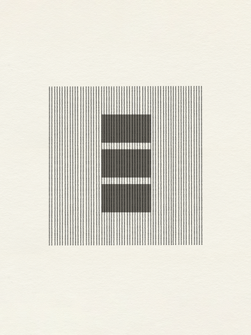 Grafische Illustration mit einem quadratischen Muster aus Linien und Blöcken in Schwarz auf beigem Hintergrund.