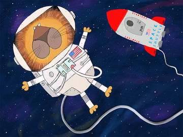 Illustration eines Löwen im Astronautenanzug im Weltraum mit einem roten Raumschiff.