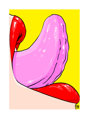 Grafische Illustration eines Lippenbisses in leuchtenden Farben vor einem gelben Hintergrund.