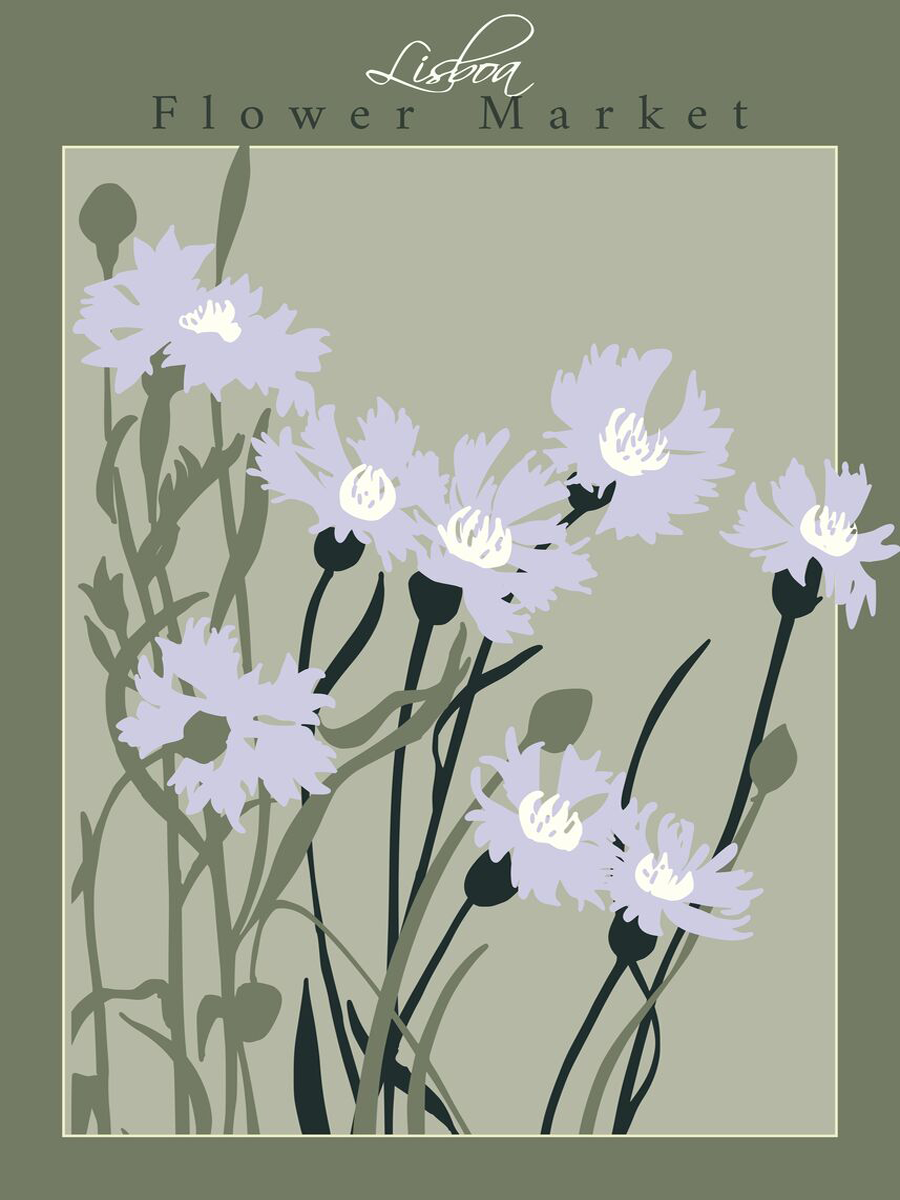 Poster mit hellvioletten Blumen auf grünem Hintergrund und dem Text "Lisboa Flower Market".