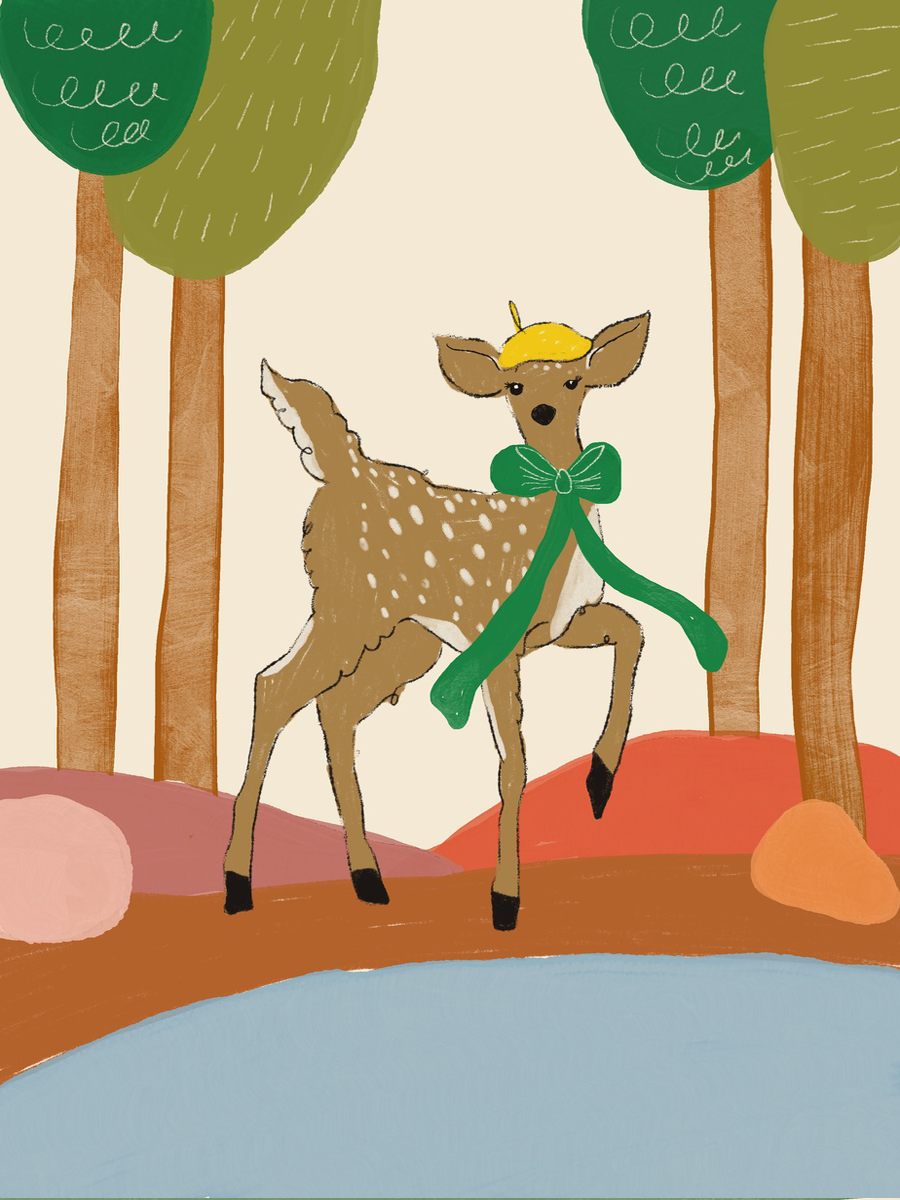 Illustration eines Rehkitzes mit gelbem Hut und grünem Schal in einem Wald.