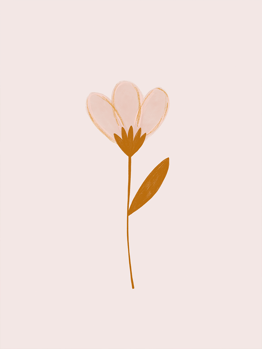 Illustration einer kleinen Blume mit beigen Blütenblättern und braunem Stängel auf hellem Hintergrund.