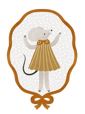 Illustration einer kleinen Maus in einem orangefarbenen Kleid mit gepunktetem Hintergrund und orangefarbenem Rahmen.