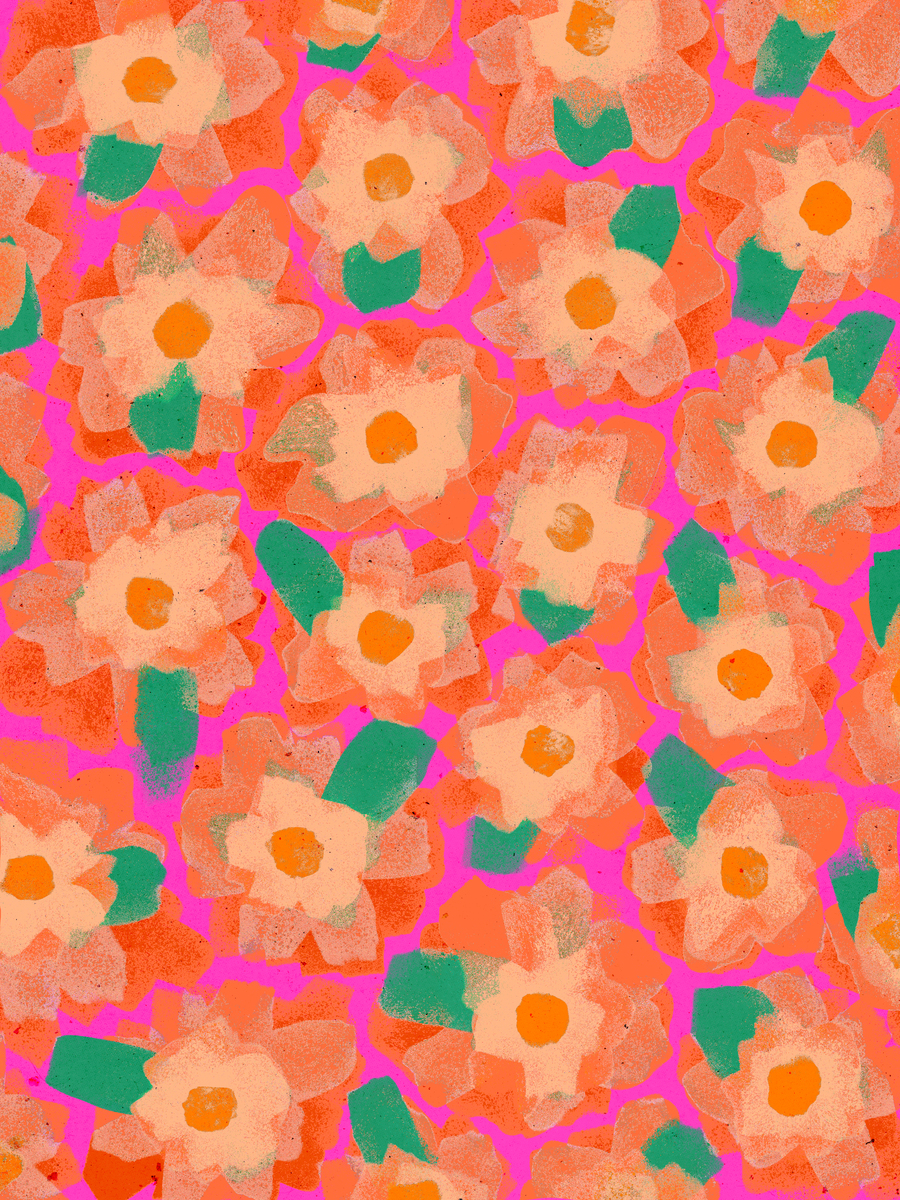 Ein lebhaftes Blumenmuster mit orangefarbenen Blüten und grünen Blättern auf einem rosa Hintergrund.