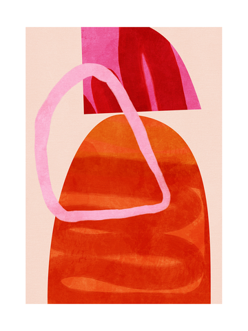 Abstrakte Formen in Rot und Orange vor einem hellrosa Hintergrund.