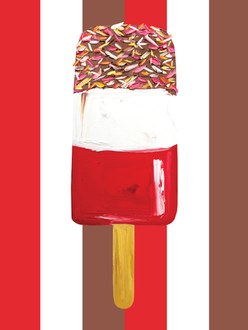 Ein Eis am Stiel mit Streuseln vor einem gestreiften Hintergrund in Rot, Weiß und Braun.