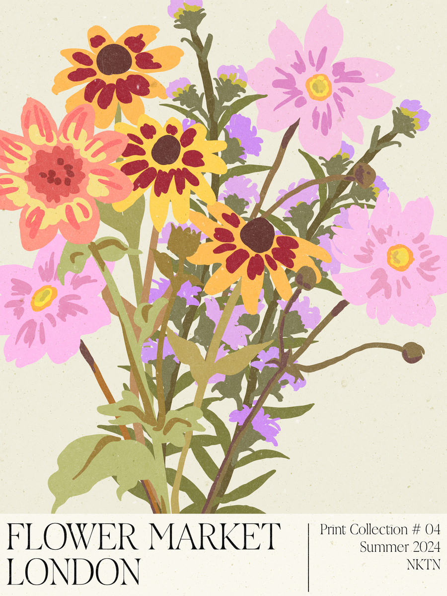 Illustration eines Blumenstraußes in Rosa und Gelb mit dem Text "Flower Market London Print Collection #04 Summer 2024 NKTN".