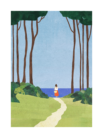 Illustration einer Frau auf einem Weg zwischen Bäumen, die auf das Meer schaut.