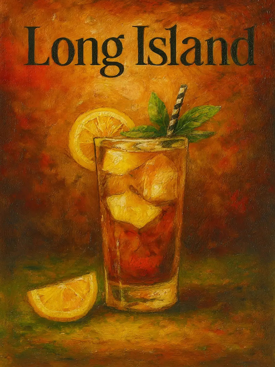 Ein Long Island Iced Tea mit Orangenscheibe und Minzblättern vor einem warmen, erdigen Hintergrund.