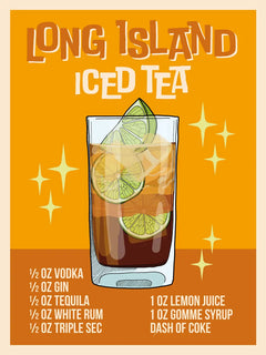 Illustration eines Long Island Iced Tea Cocktails mit Limettenscheiben und Sternen auf einem orangefarbenen Hintergrund.