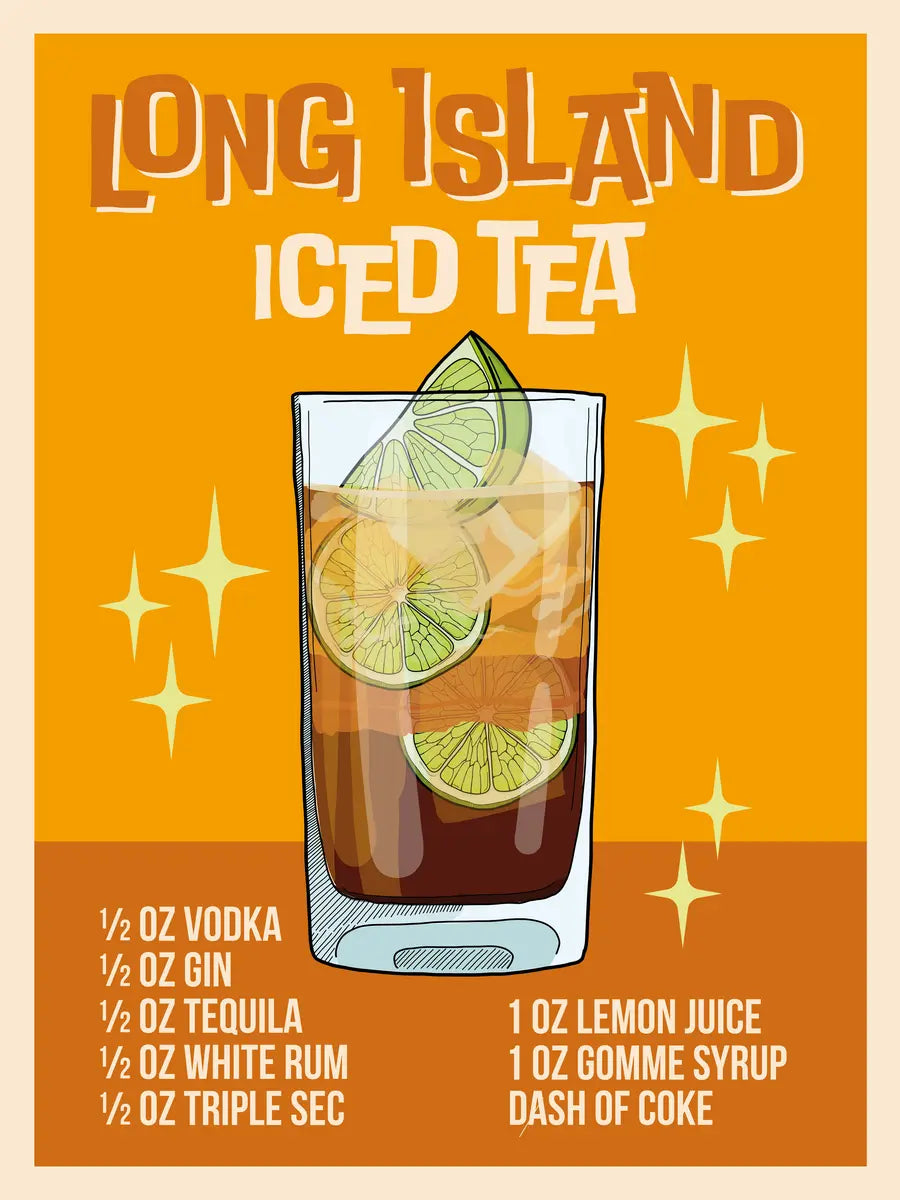Illustration eines Long Island Iced Tea Cocktails mit Limettenscheiben und Sternen auf einem orangefarbenen Hintergrund.