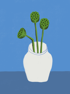 Illustration von grünen Lotusblüten in einer weißen Vase vor einem blauen Hintergrund.