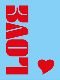 Grafik mit rotem Herz und dem Wort „Love“ in Rot auf hellblauem Hintergrund.