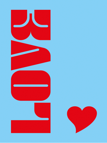 Grafik mit rotem Herz und dem Wort „Love“ in Rot auf hellblauem Hintergrund.