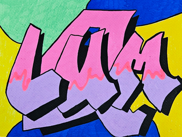 Graffiti-inspiriertes Poster mit dem Wort „Love“ in Pink und Lila vor einem gelben, blauen und grünen Hintergrund.