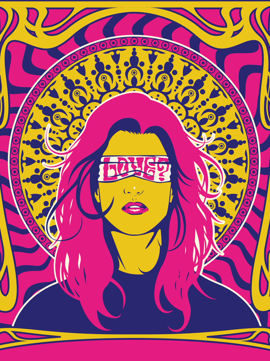 Buntes Pop-Art-Poster einer Frau mit dem Wort "Love" auf den Augen.