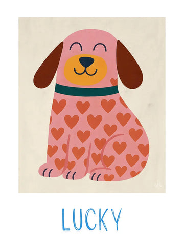 Poster eines rosa Hundes mit roten Herzen und dem Namen Lucky darunter.