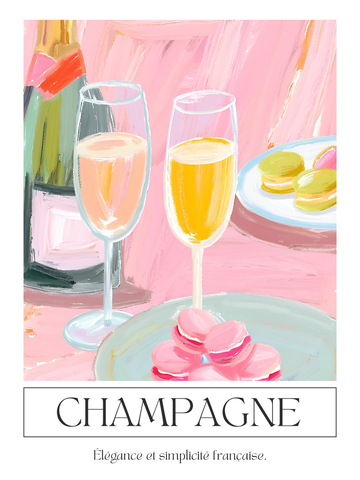 Illustration von Champagnergläsern und Macarons mit französischem Zitat.