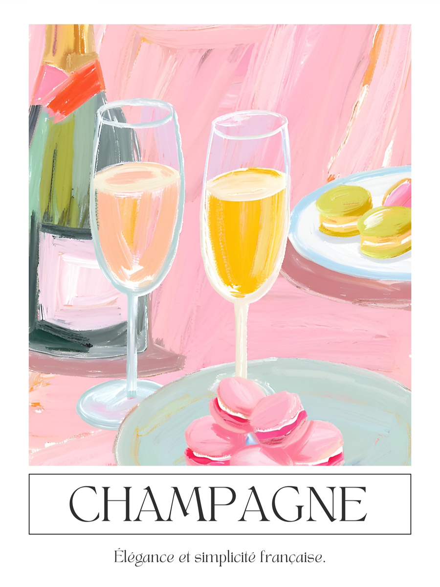 Illustration von Champagnergläsern und Macarons mit französischem Zitat.