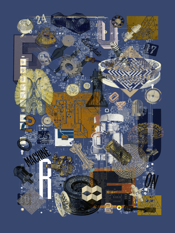 Illustration von Maschinen und technischen Formen in Blau.