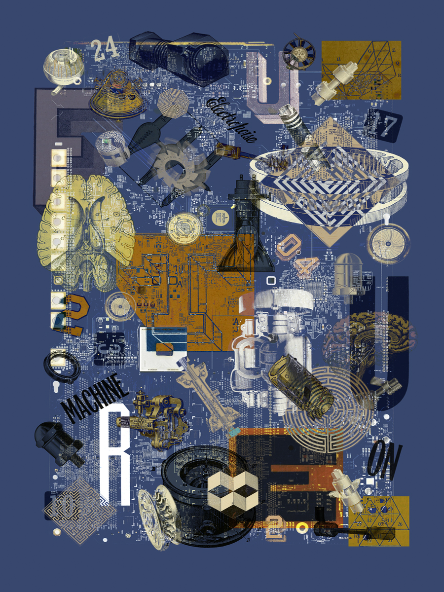 Illustration von Maschinen und technischen Formen in Blau.