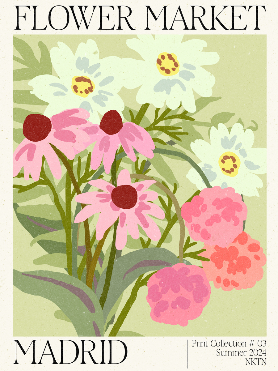 Poster eines Blumenmarkts in Madrid mit rosa Blumen und grünen Blättern, weißer Text oben und unten.
