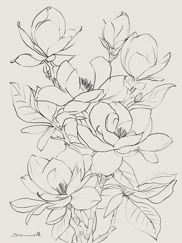 Illustration von Magnolien in Schwarz auf beigem Hintergrund.