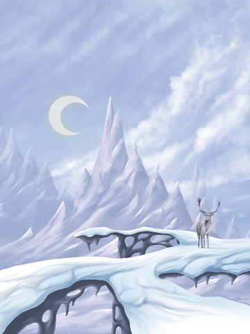 Verschneite Landschaft mit Hirsch und Mond am Himmel vor schneebedeckten Bergen.