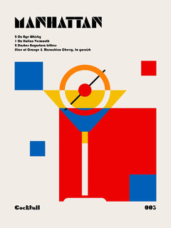 Grafisches Poster mit einem Cocktail in Gelb, Blau und Rot auf hellgrauem Hintergrund.