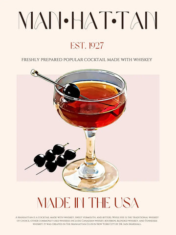 Illustration eines Manhattan-Cocktails auf einem hellrosa Hintergrund mit Text in Schwarz und Rot.