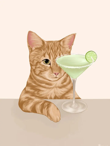 Illustration einer Katze, die einen Margarita-Cocktail betrachtet.