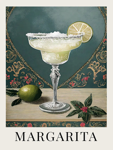 Illustration eines Margarita-Cocktails mit Limettenscheibe und dekorativem Hintergrund.