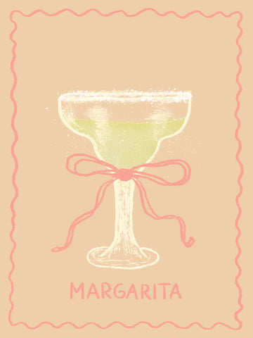 Illustration eines Margarita-Cocktails mit rosa Band und Schriftzug auf beigem Hintergrund.