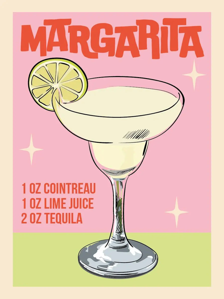 Illustration eines Margarita-Cocktails mit Rezept auf rosa und grünem Hintergrund.