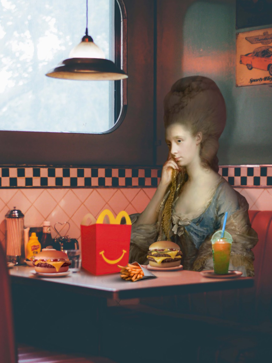 Frau in historischem Kleid in einem Retro-Diner mit Fast-Food auf dem Tisch.