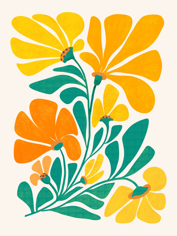 Illustration von Marienkäfern auf gelben und orangen Blüten mit grünen Blättern auf hellem beigem Hintergrund.