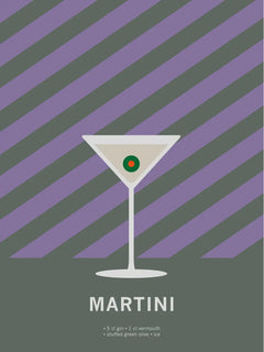 Grafische Illustration eines Martinis mit Olive auf lila und grauem Hintergrund mit diagonalen Streifen.