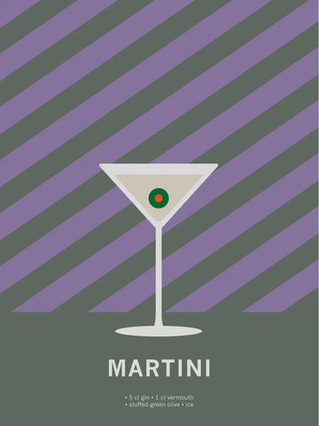 Grafische Illustration eines Martinis mit Olive auf lila und grauem Hintergrund mit diagonalen Streifen.
