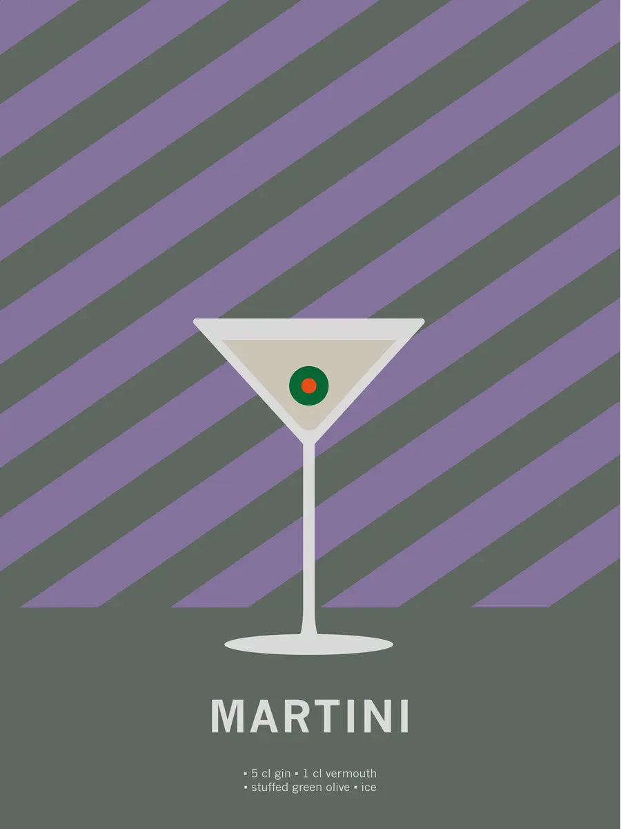 Grafische Illustration eines Martinis mit Olive auf lila und grauem Hintergrund mit diagonalen Streifen.